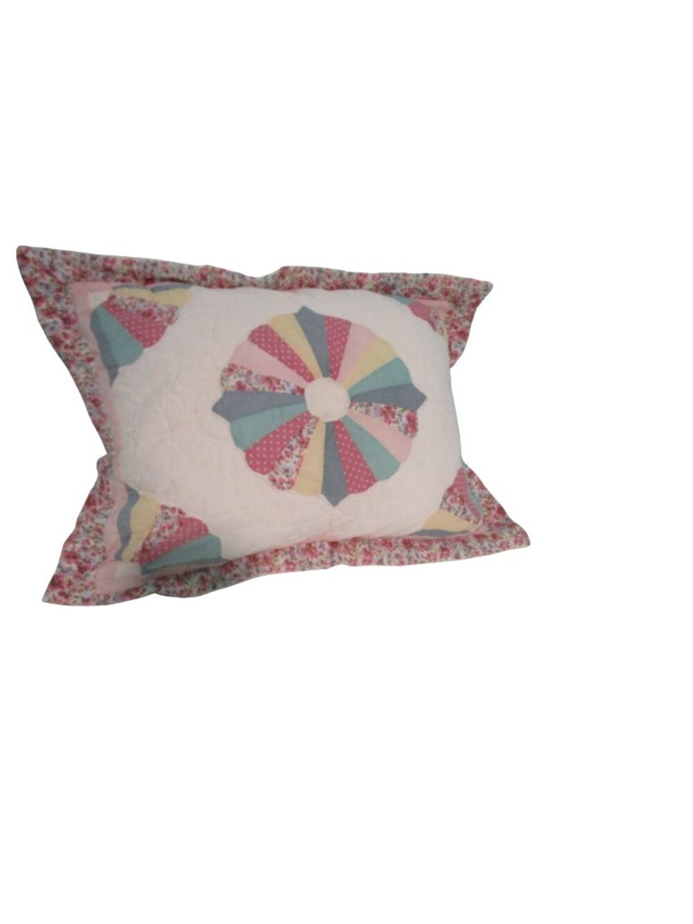 Dresden Plate and Fan Patchwork Pillow Sham Pastels Standard Size Vintage 1980's